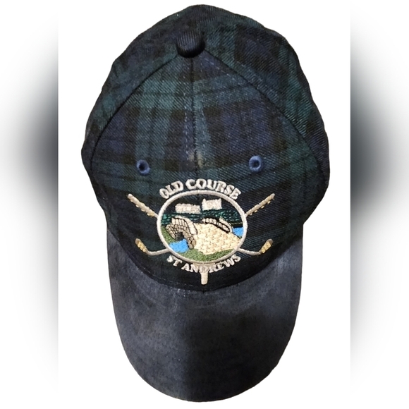 Vtg HTF Old Course St Andrews Gold Hat Green & Blue Plaid With Blue Suede Brim - Picture 6 of 9